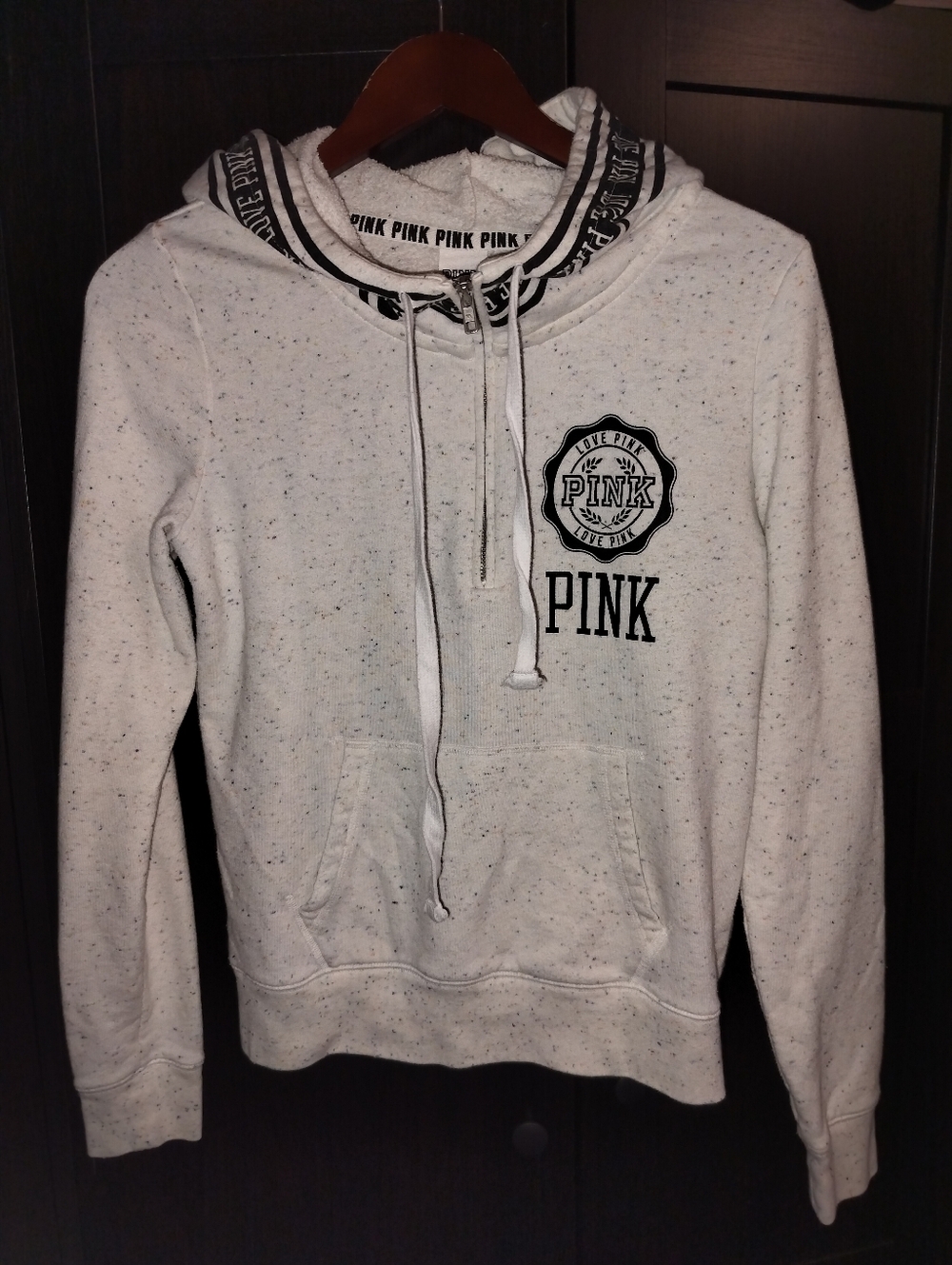 EUC Old School PINK Speckled White Hooded Sweatshirt - Small